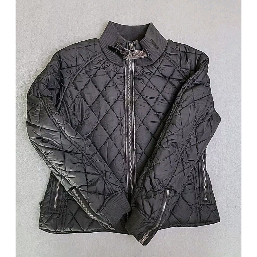 Schott‎ Jacket Womens L Black Quilted Full Zip Pockets Belted Motorcycle